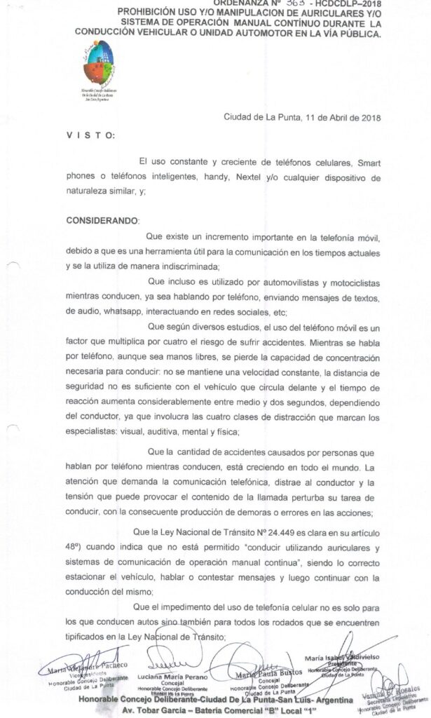 thumbnail of ORDENANZA N°363-VIGENTE-HCDCDLP-2018- PROHIBICION USO Y O MANIPULACION DE AURICULARES Y O SISTEMA DE OPERACION MANUAL CONTINUO DURANTE LA CONDUCCION VEHICULAR
