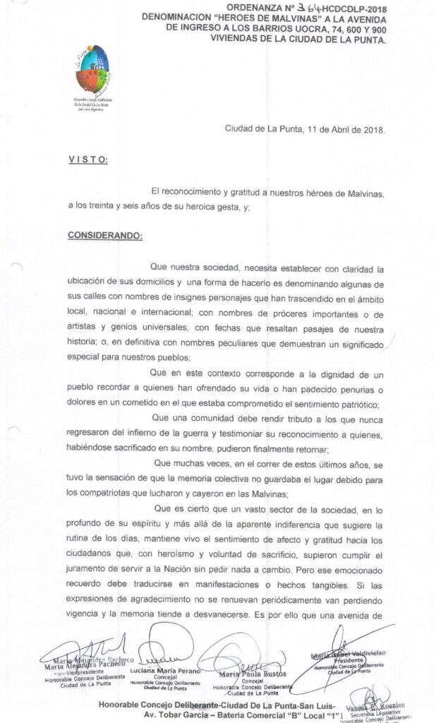 thumbnail of ORDENANZA N°364- VIGENTE-HCDCDLP-2018-DENOMINACION HEROES DE MALVINAS A LA AVENIDA DE INGRESO A LOS BARRIOS UOCRA,74, 600 Y 900 VIVIENDAS DE LA CIUDAD DE LA PUNTA