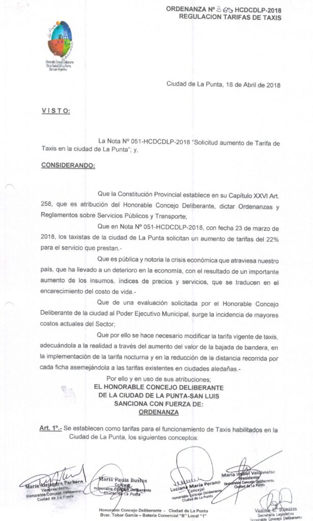 thumbnail of ORDENANZA N°365-NO VIGENTE-HCDCDLP-2018- REGULACION TARIFA DE TAXIS