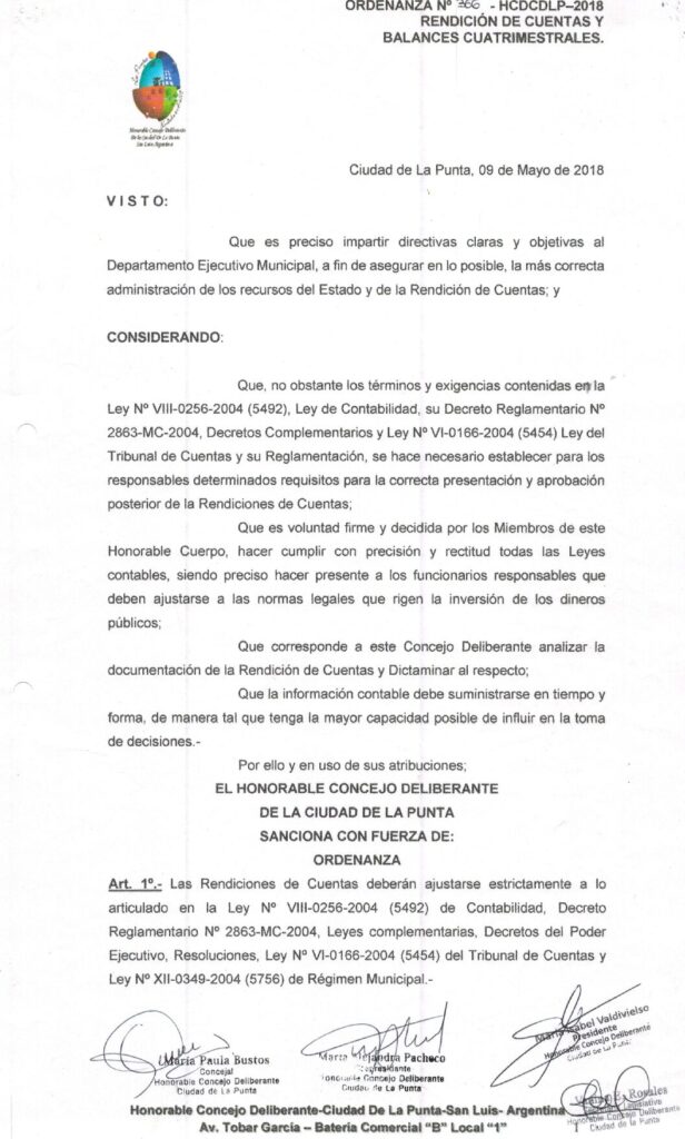 thumbnail of ORDENANZA N°366- VIGENTE-HCDCDLP-2018- RENDICION DE CUENTAS Y BALANCES CUATRIMESTRALES