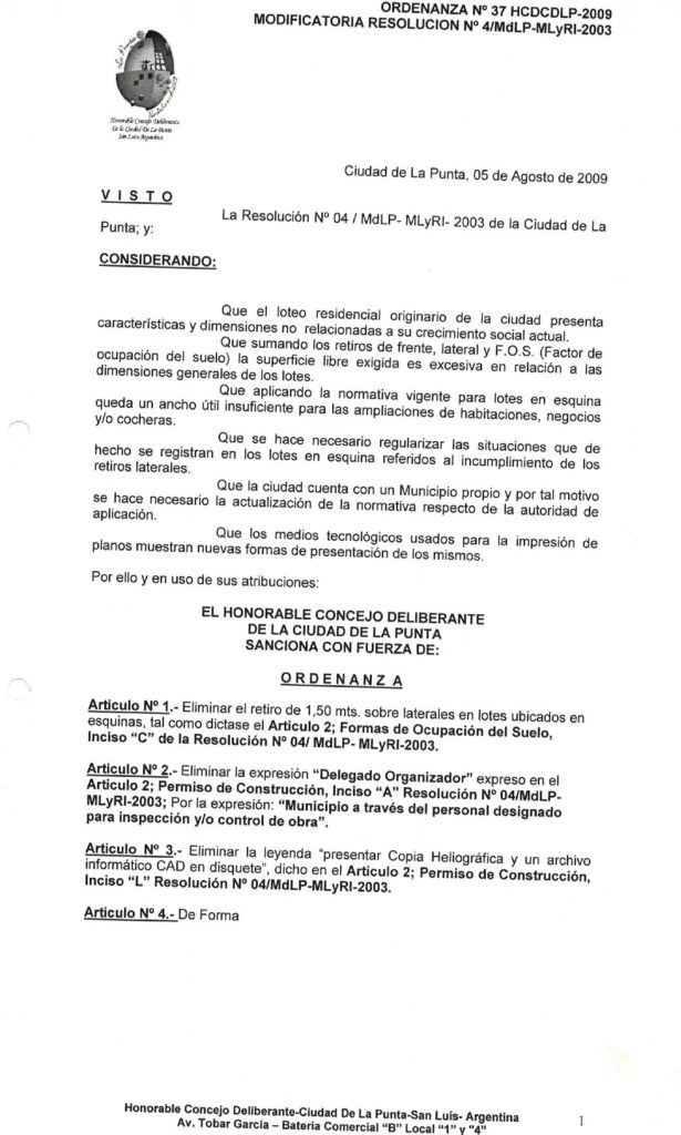 thumbnail of ORDENANZA N°37-NO VIGENTE-HCDCDLP-2009-MODIFICATORIA RESOLUCION N° 4-MDLP-MLYRI-2003