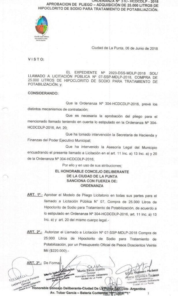 thumbnail of ORDENANZA N°370-NO VIGENTE-HCDCDLP-2018- APROBACION DE PLIEGO-ADQUISICION DE 25.000 LITROS DE HIPOCLORITO DE SODIO PARA TRATAMIENTO DE POTABILIZACION