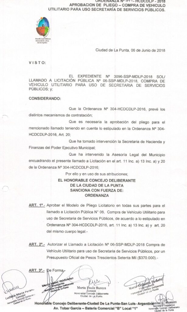 thumbnail of ORDENANZA N°371-NO VIGENTE-HCDCDLP-2018- APROBACION DE PLIEGO-COMPRA DE VEHICULO UTILITARIO PARA USO SECRETARIA DE SERVICIOS PUBLICOS