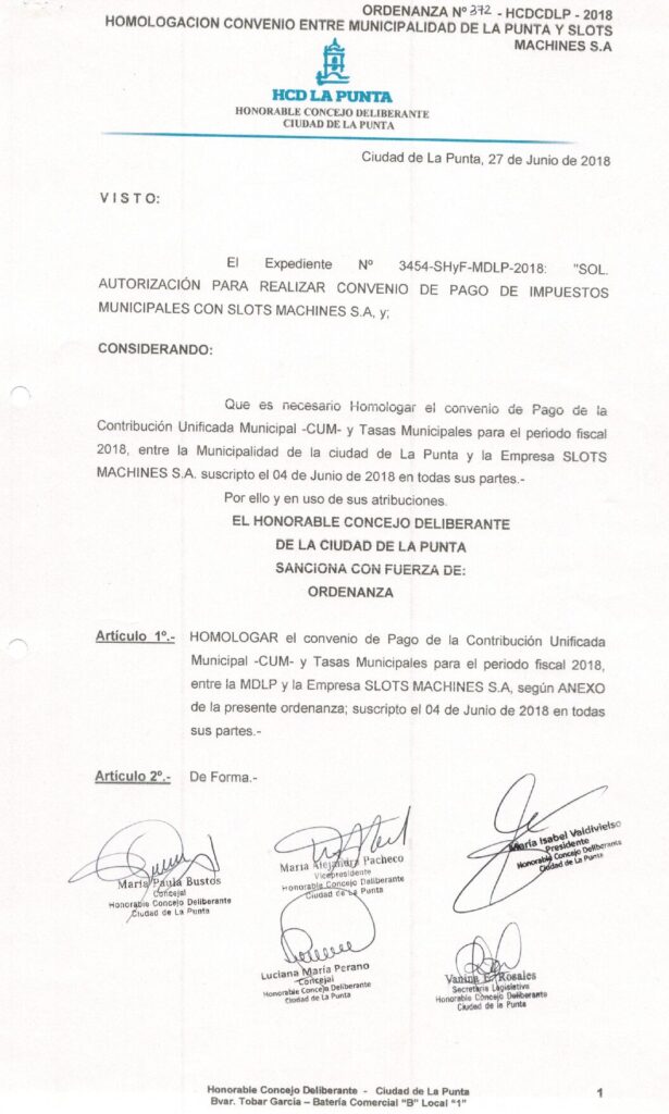 thumbnail of ORDENANZA N°372-NO VIGENTE-HCDCDLP-2018- HOMOLOGACION CONVENIO ENTRE MUNICIPALIDAD DE LA PUNTA Y SLOTS MACHINES S.A