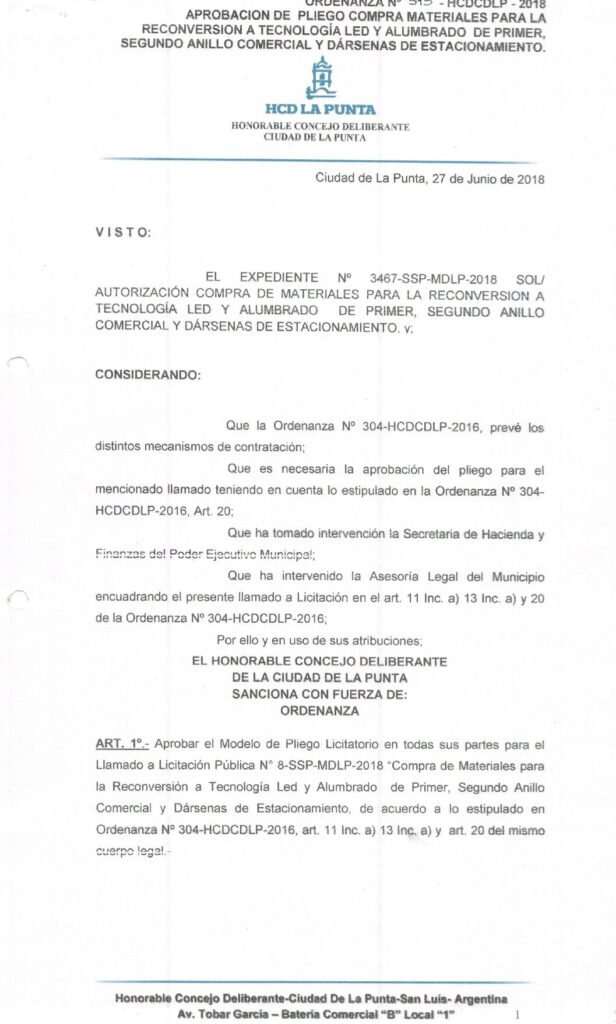 thumbnail of ORDENANZA N°373 -NO VIGENTE-HCDCDLP-2018-APROBACION DE PLIEGO COMPRA MATERIALES PARA LA RECONVERSION A TECNOLOGIA LED Y ALUMBRADO DE PRIMER, SEGUNDO ANILLO COMERCIAL
