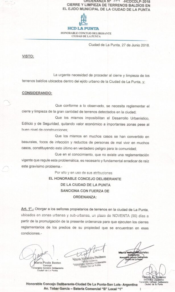 thumbnail of ORDENANZA N°374-VIGENTE-HCDCDLP-2018- CIERRE Y LIMPIEZA DE TERRENOS BALDIOS EN EL EJIDO MUNICIPAL DE LA CIUDAD DE LA PUNTA