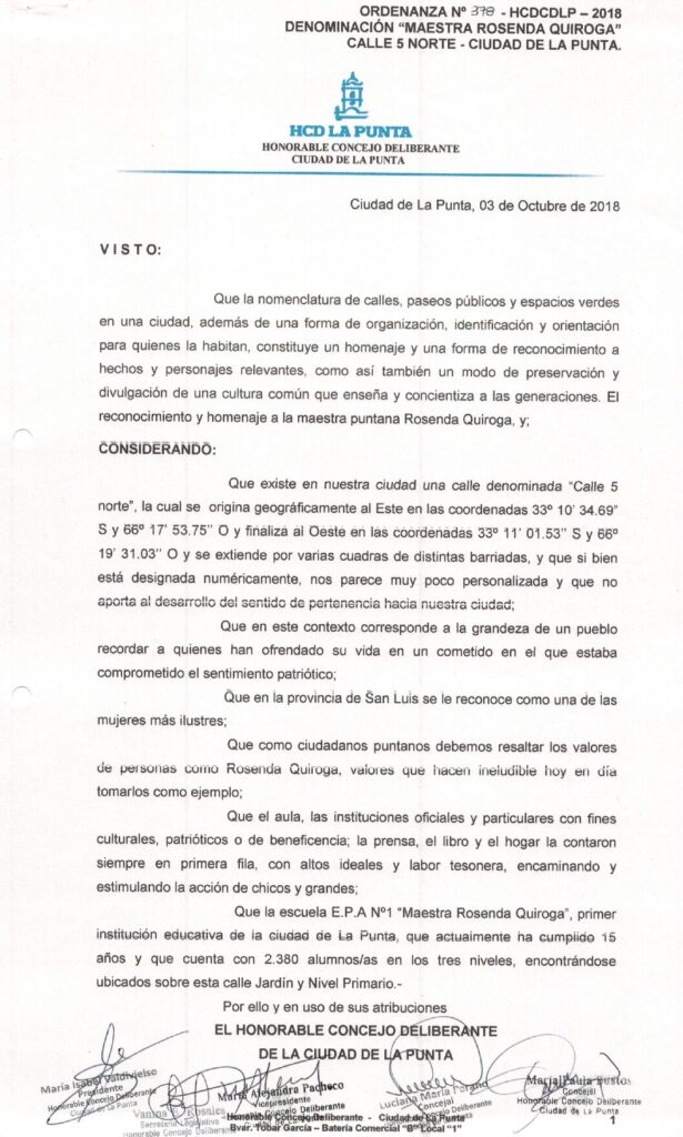 thumbnail of ORDENANZA N°378- VIGENTE-HCDCDLP-2018- DENOMINACION MAESTRA ROSENDA QUIROGA CALLE 5 NORTE-CIUDAD DE LA PUNTA