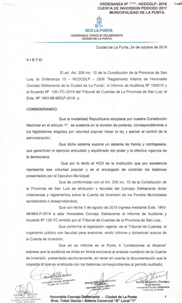 thumbnail of ORDENANZA N°379 -NO VIGENTE-HCDCDLP-2018-CUENTA DE INVERSION PERIODO 2017 MUNICIPALIDAD DE LA PUNTA