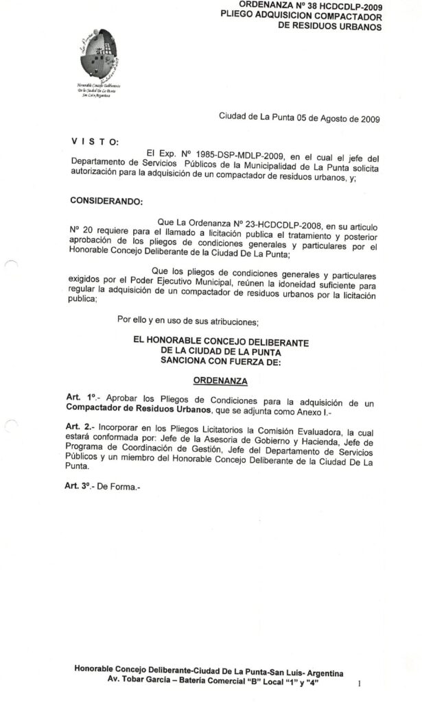 thumbnail of ORDENANZA N°38-NO VIGENTE-HCDCDLP-2009- PLIEGO ADQUISICION COMPACTADOR DE RESIDUOS URBANOS.