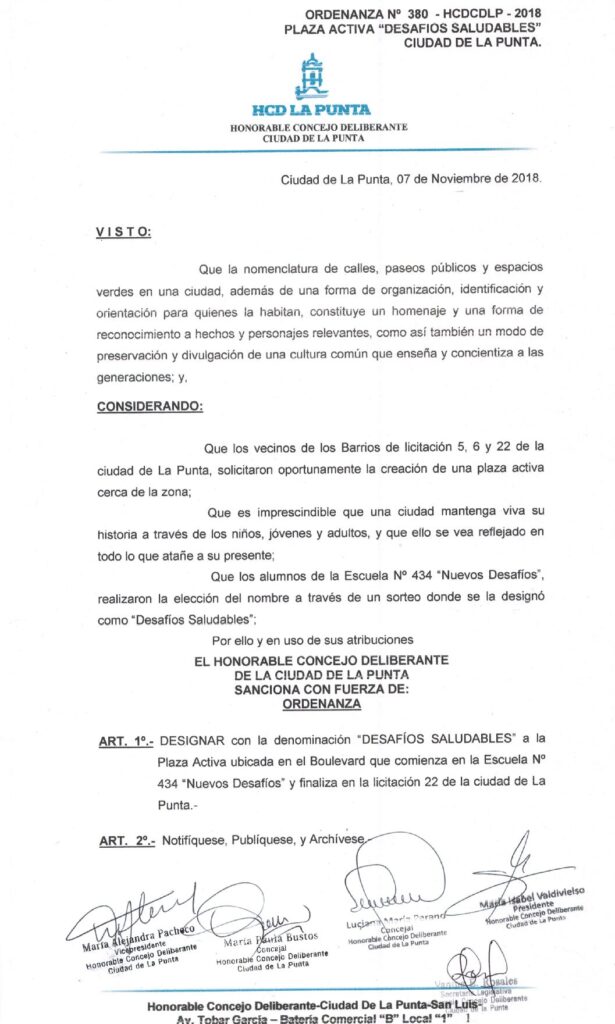 thumbnail of ORDENANZA N°380 – VIGENTE-HCDCDLP-2018-PLAZA ACTIVA DESAFIOS SALUDABLES CIUDAD DE LA PUNTA
