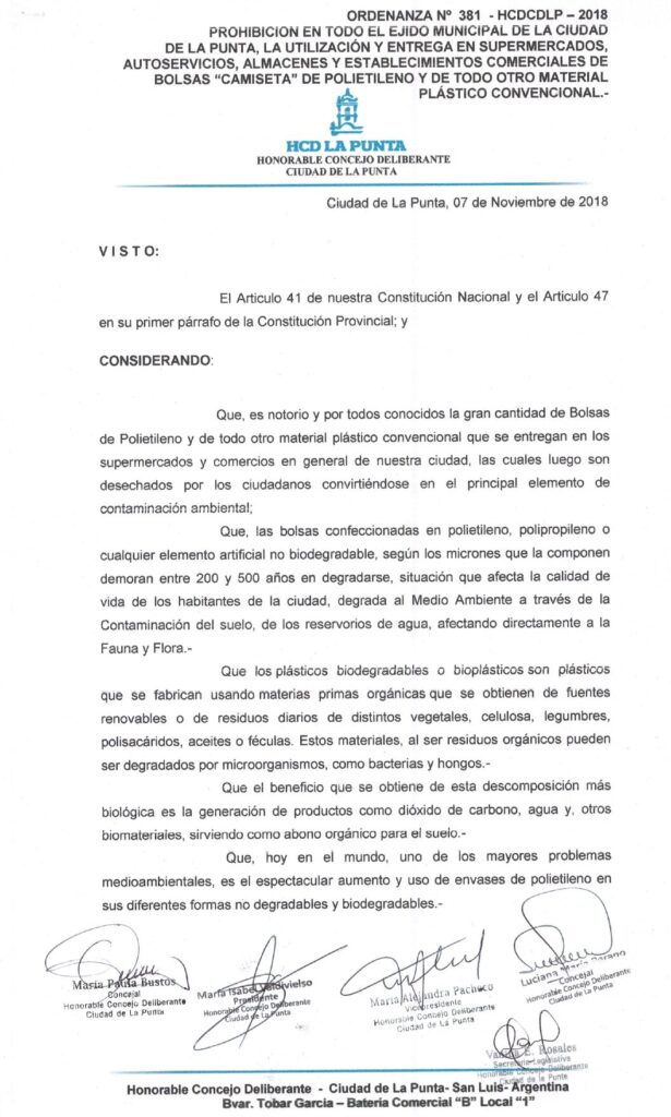thumbnail of ORDENANZA N°381- VIGENTE-HCDCDLP-2018- PROHIBICION BOLSAS CAMISETA DE POLIETILENO Y OTRO MATERIAL PLASTICO CONVENCIONAL