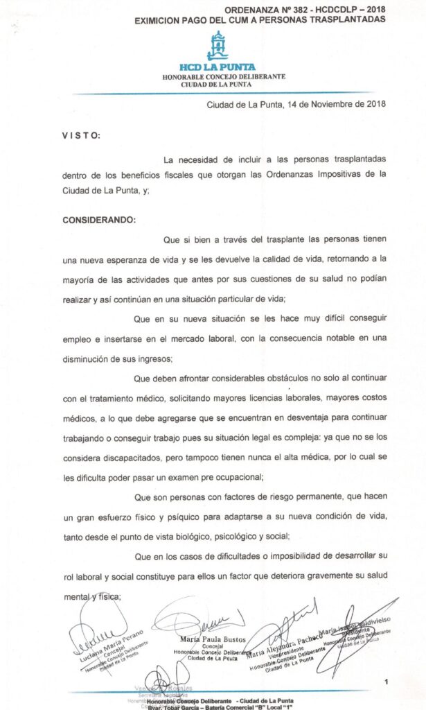 thumbnail of ORDENANZA N°382 -NO VIGENTE-HCDCDLP-2018- EXIMICION PAGO DEL CUM A PERSONAS TRANSPLANTADAS