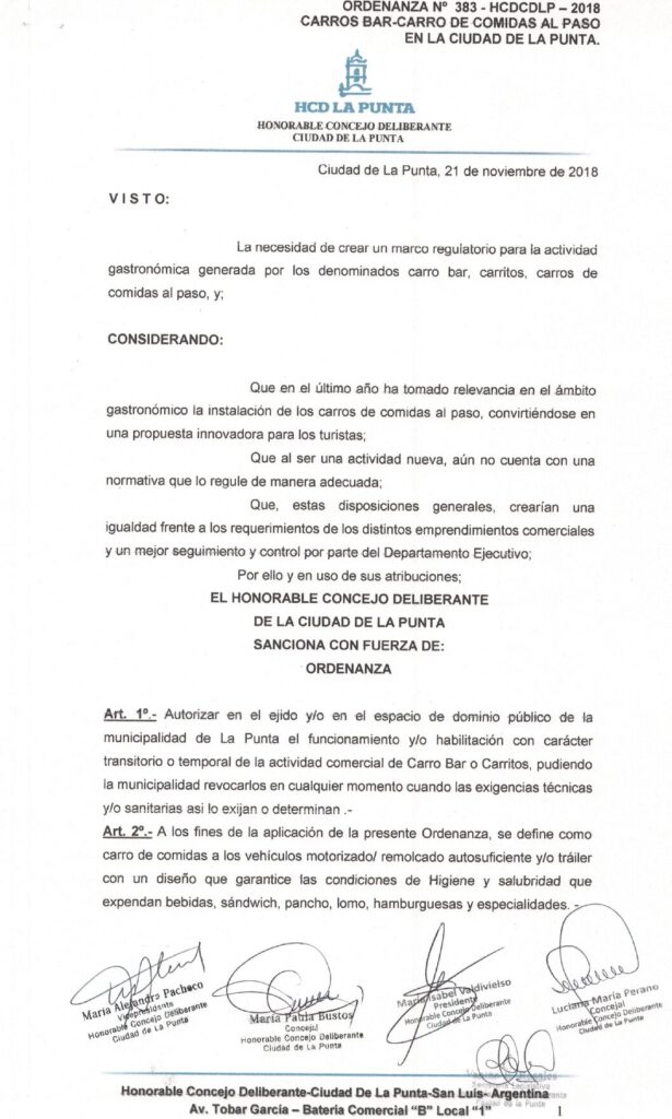 thumbnail of ORDENANZA N°383- VIGENTE-HCDCDLP-2018- CARROS BAR-CARRO DE COMIDAS AL PASO EN LA CIUDAD DE LAPUNTA