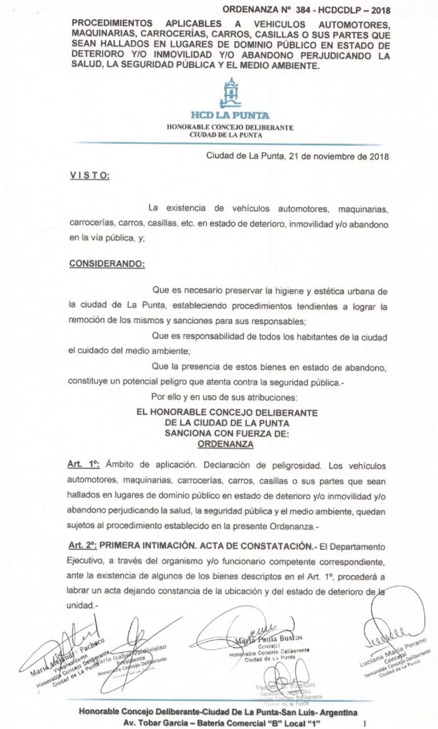 thumbnail of ORDENANZA N°384- VIGENTE-HCDCDLP-2018- PROCEDIMIENTOS A VEHICULOS MAQUINARIAS CARROCERIA ESTADO DE DETERIORO