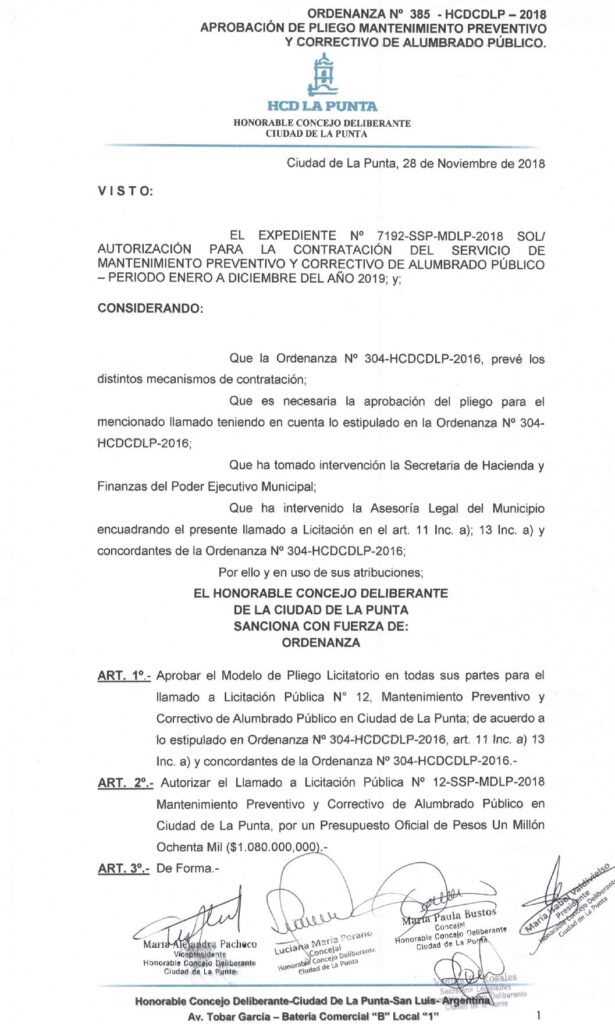 thumbnail of ORDENANZA N°385-NO VIGENTE-HCDCDLP-2018-APROBACION DE PLIEGO MANTENIMIENTO PREVENTIVO Y CORRECTIVO DE ALUMBRADO PUBLICO