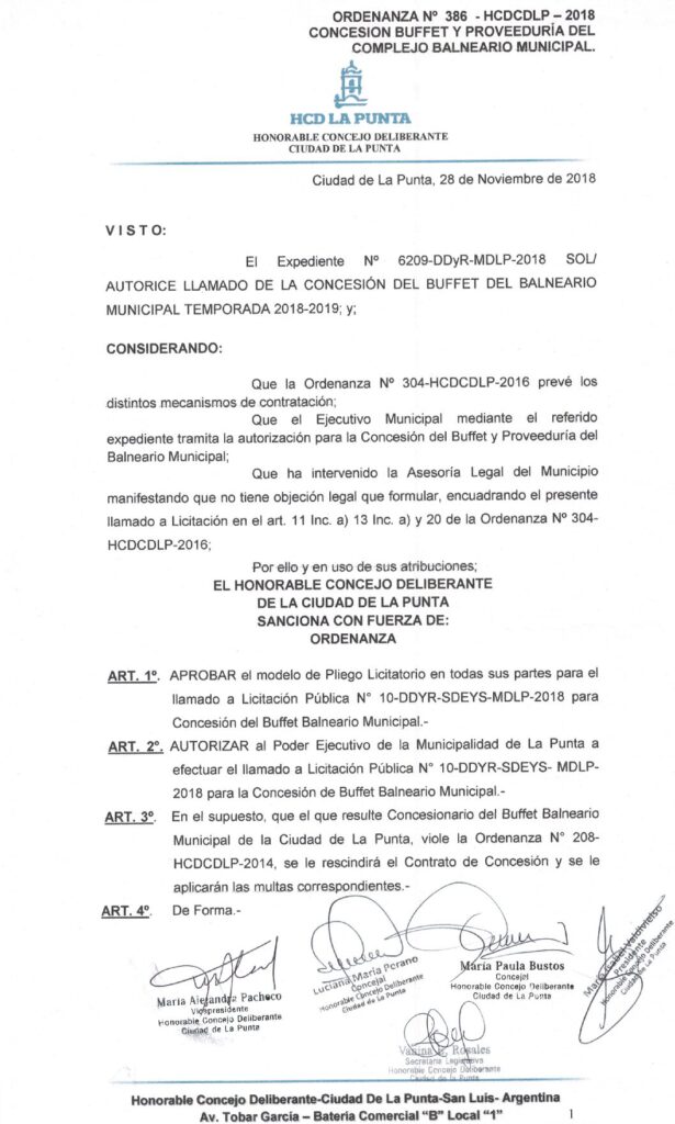 thumbnail of ORDENANZA N°386-NO VIGENTE-HCDCDLP-2018- CONCESION BUFFET Y PROVEEDURIA DEL COMPLEJO BALNEARIO MUNICIPAL