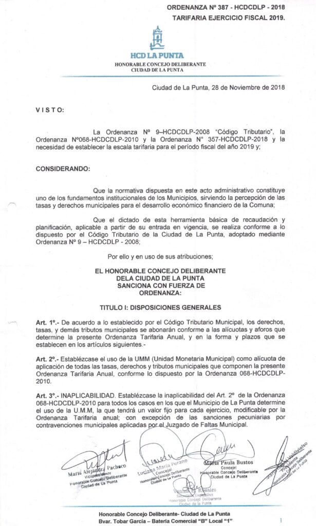 thumbnail of ORDENANZA N°387-NO VIGENTE-HCDCDLP-2018- TARIFARIA EJERCICIO FISCAL 2019