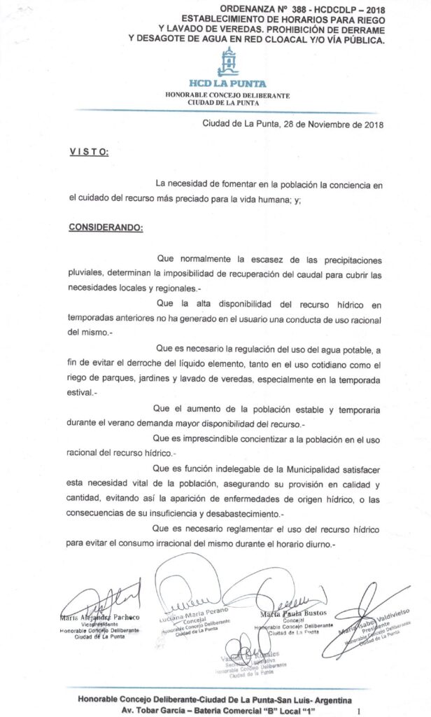 thumbnail of ORDENANZA N°388- VIGENTE-HCDCDLP-2018- ESTABLECIMIENTO DE HORARIOS PARA RIEGO Y LAVADO DE VEREDAS.PROHIBICION DE DERRAME Y DESAGOTE DE AGUA DE RED CLOACAL Y O VIA PUBLICA
