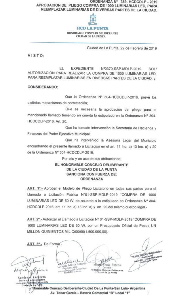 thumbnail of ORDENANZA N°389-NO VIGENTE-HCDCDLP-2019- APROBACION DE PLIEGO COMPRA 1000 LUMINARIAS LED, PARA REEMPLAZAR LUMINARIAS DE DIVERSAS PARTES DE LA CIUDAD