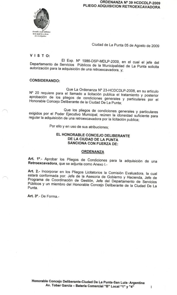 thumbnail of ORDENANZA N°39-NO VIGENTE-HCDCDLP-2009- PLIEDO ADQUISICION RETROEXCAVADORA.