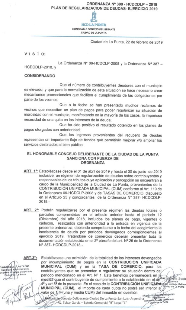 thumbnail of ORDENANZA N°390-NO VIGENTE-HCDCDLP-2019- PLAN DE REGULARIZACION DE DEUDAS-EJERCICIO 2019