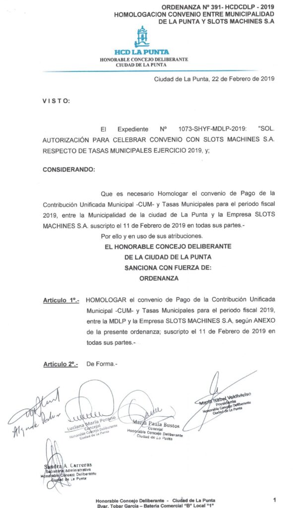 thumbnail of ORDENANZA N°391-NO VIGENTE-HCDCDLP-2019- HOMOLOGACION CONVENIO ENTRE MUNICIPALIDAD DE LA PUNTA Y SLOTS MACHINES S.A
