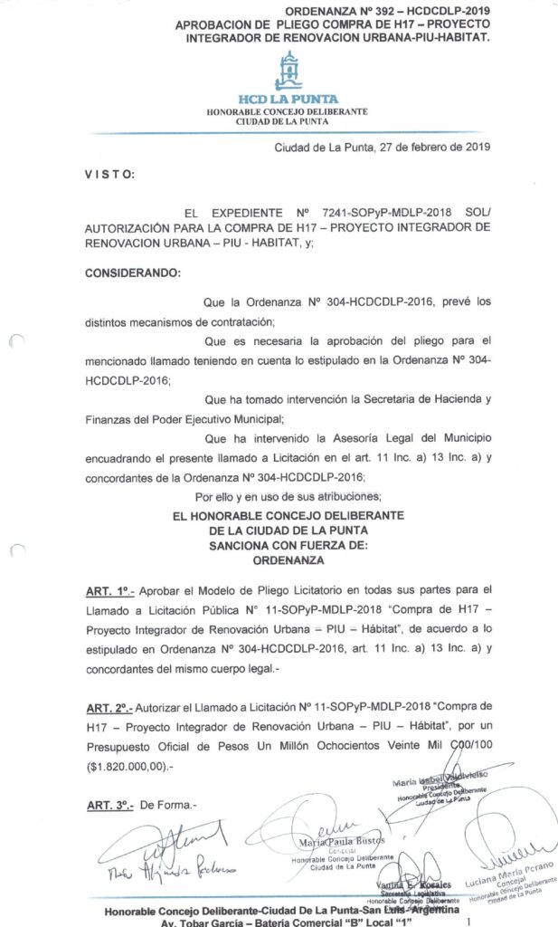 thumbnail of ORDENANZA N°392-NO VIGENTE-HCDCDLP-2019- APROBACION DE PLIEGO COMPRA DE H17-PROYECTO INTEGRADOR DE RENOVACION URBANA-PIU-HABITA.