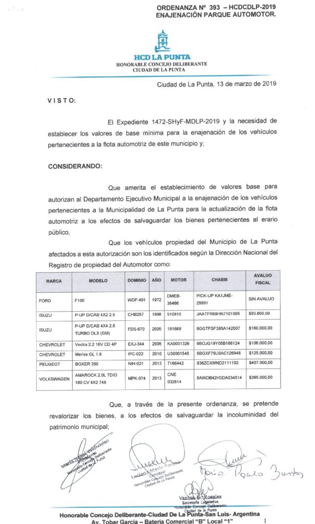 thumbnail of ORDENANZA N°393- VIGENTE-HCDCDLP-2019- ENAJENACION PARQUE AUTOMOTOR