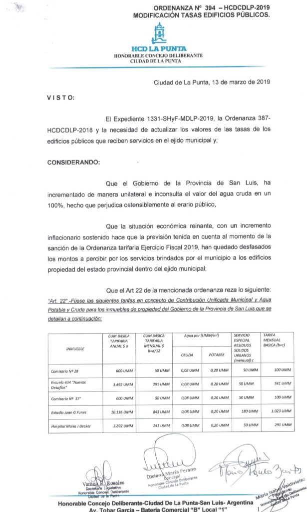 thumbnail of ORDENANZA N°394-NO VIGENTE-HCDCDLP-2019- MODIFICACION TASAS EDIFICIOS PUBLICOS