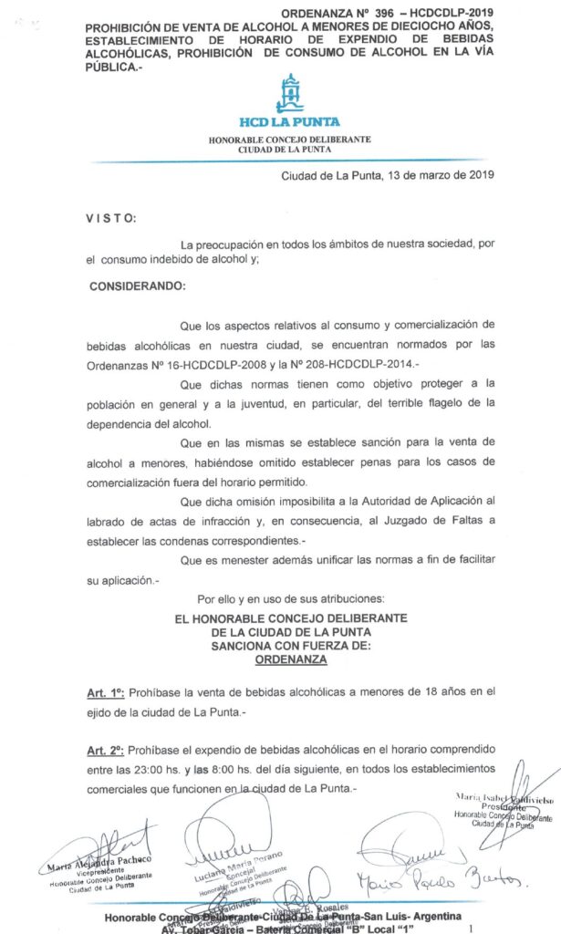 thumbnail of ORDENANZA N°396 – VIGENTE-HCDCDLP-2019-PROHIBICION DE VENTA DE ALCOHOL A MENORES DE 18 AÑOS, ESTABLECIMIENTO DE HORARIO DE EXPENDIO DE BEBIDAS ALCOHOLICAS