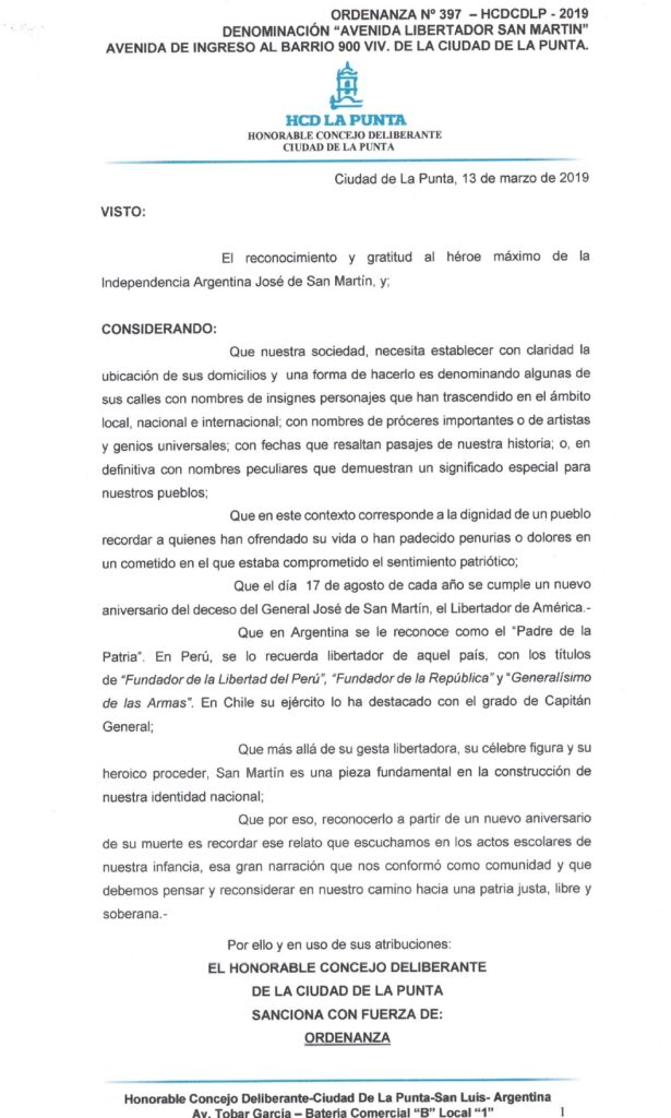thumbnail of ORDENANZA N°397- VIGENTE-HCDCDLP-2019- DENOMINACION AV.LIBERTADOR SAN MARTIN AV.DE INGRESO AL B°900 VIV. DE LA CIUDAD DE LA PUNTA