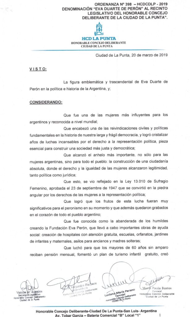 thumbnail of ORDENANZA N°398- VIGENTE-HCDCDLP-2019- DENOMINACION EVA DUARTE DE PERON AL RECINTO LEGISLATIVO DEL HONORABLE CONCEJO DELIBERANTE DE LA CIUDAD DE LA PUNTA