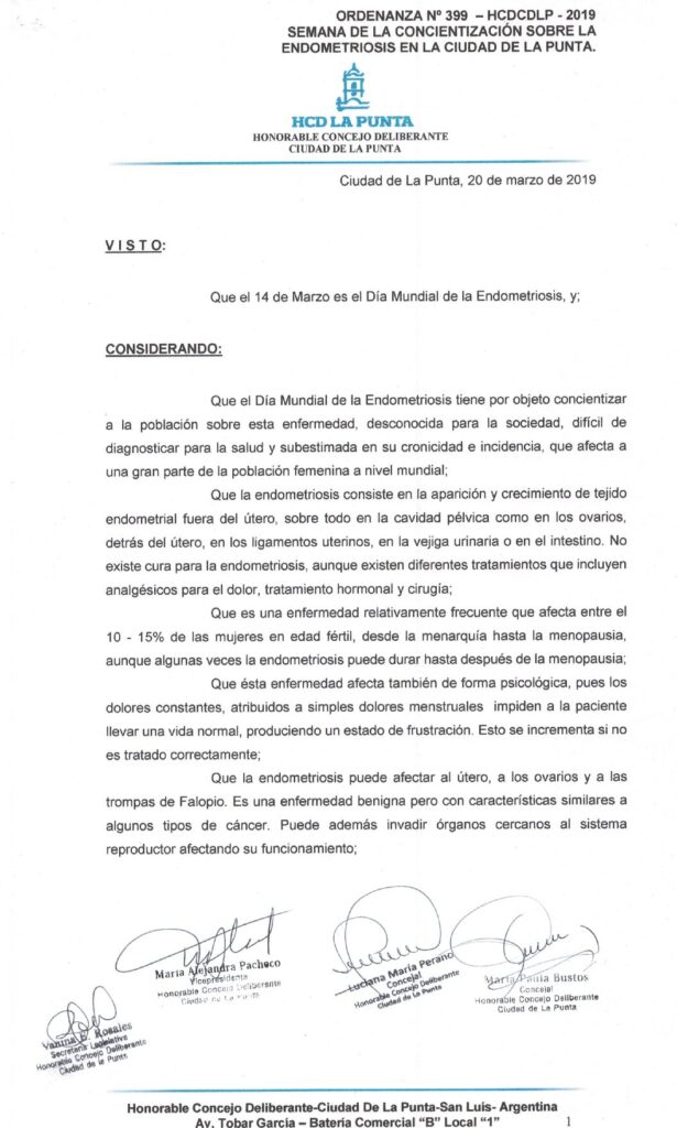 thumbnail of ORDENANZA N°399- VIGENTE-HCDCDLP-2019- SEMANA DE LA CONCIENTIZACION SOBRE LA ENDOMETRIOSIS EN LA CIUDAD PUNTA