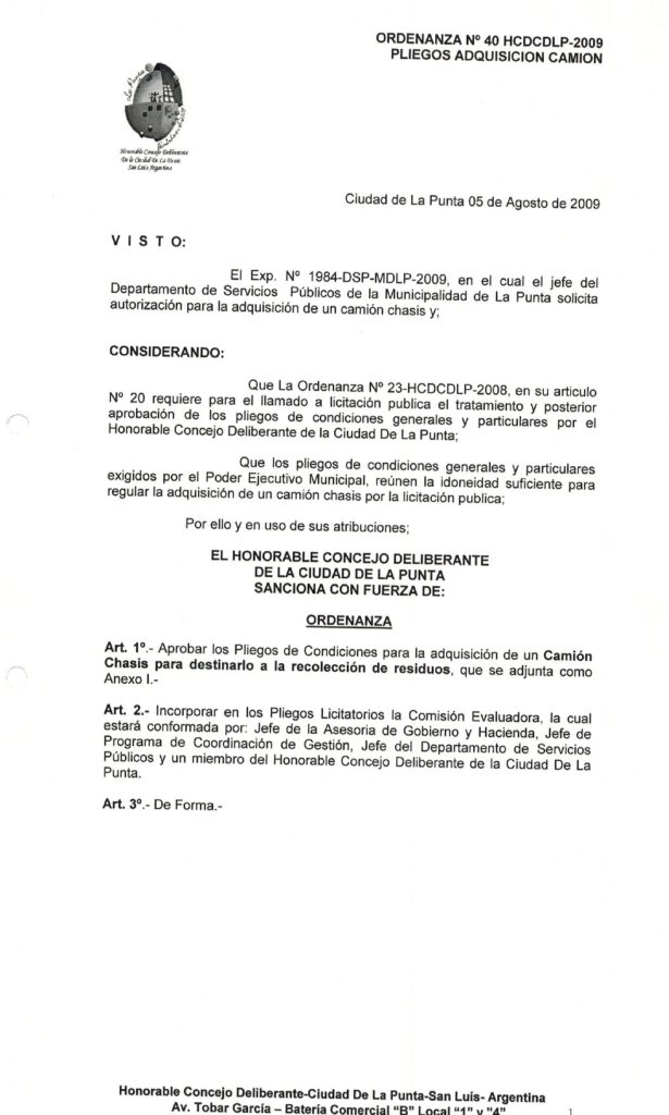 thumbnail of ORDENANZA N°40-NO VIGENTE-HCDCDLP-2009- PLIEGOS ADQUISICION CAMION.