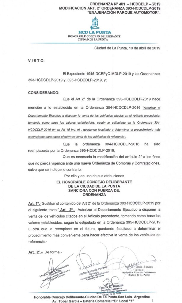 thumbnail of ORDENANZA N°401- VIGENTE-HCDCDLP-2019- MODIFICACION ART.2° ORDENANZA 393-HCDCDLP-2019 ENAJENACION PARQUE AUTOMOTOR