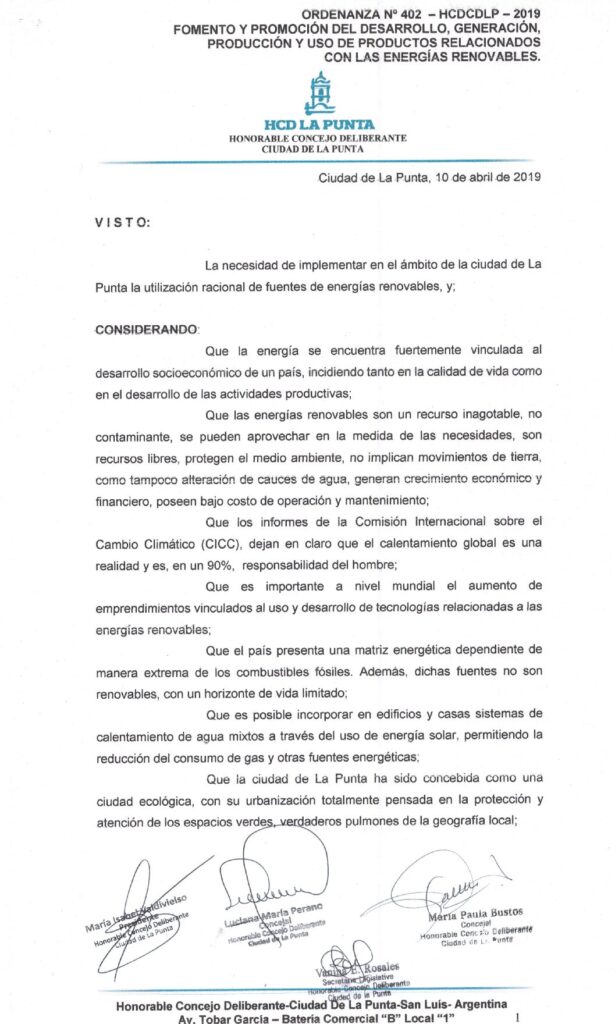 thumbnail of ORDENANZA N°402- VIGENTE-HCDCDLP-2019- FOMENTO Y PROMOCION DEL DESARROLLO, GENERACION, PRODUCCION Y USO DE PRODUCTOS RELACIONADOS CON LAS ENERGIAS RENOVABLES