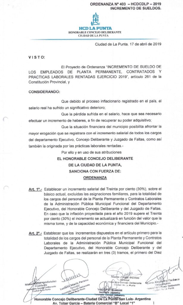 thumbnail of ORDENANZA N°403 -NO VIGENTE-HCDCDLP-2019-INCREMENTOS DE SUELDOS