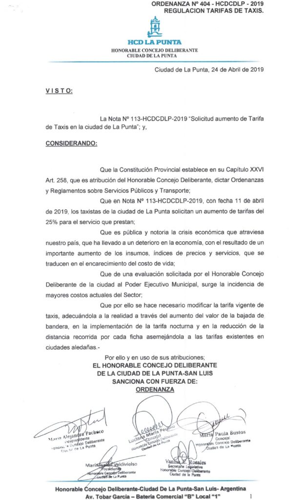 thumbnail of ORDENANZA N°404-NO VIGENTE-HCDCDLP-2019- REGULACION DE TARIFAS DE TAXIS