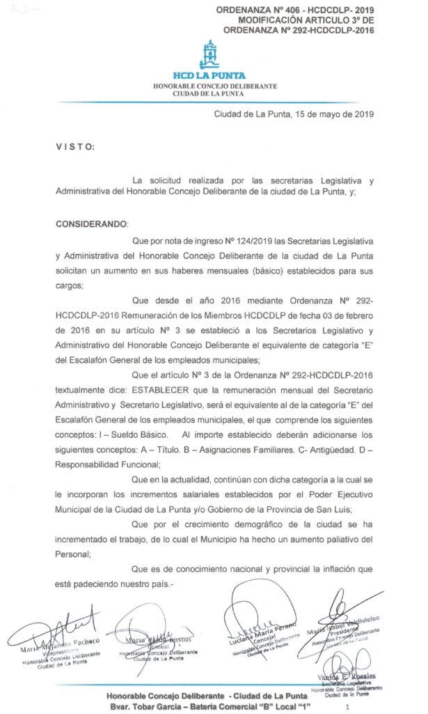thumbnail of ORDENANZA N°406 – VIGENTE-HCDCDLP-2019-MODIFICACION DE ARTICULO 3° DE ORDENANZA N°292-HCDCDLP-2016