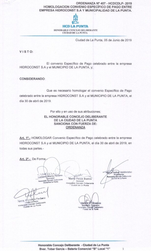 thumbnail of ORDENANZA N°407-NO VIGENTE-HCDCDLP-2019- HOMOLOGACION CONVENIO ESPECIFICO DE PAGO ENTRE EMPRESA HIDROCONST S.A Y MUNICIPALIDAD DE LA PUNTA