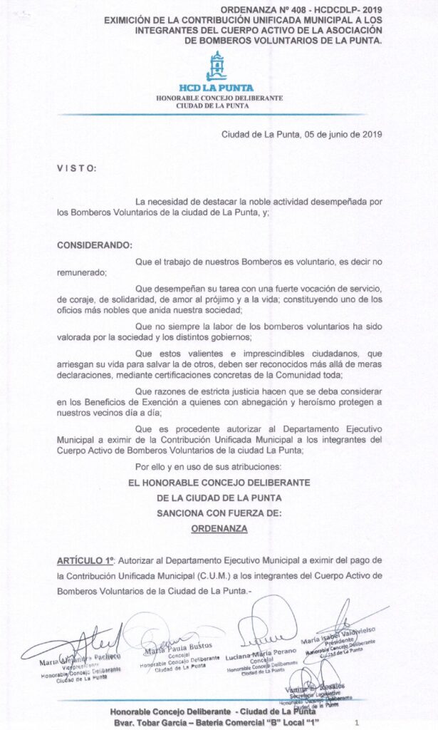 thumbnail of ORDENANZA N°408- VIGENTE-HCDCDLP-2019- EXIMICION DE LA CONTRIBUCION UNIFICADA MUNICIPAL ALOS INTEGRANTES DEL CUERPO ACTIVO DE LA ASOCIACION DE BOMBEROS VOLUNTARIOS DE LA PUNTA