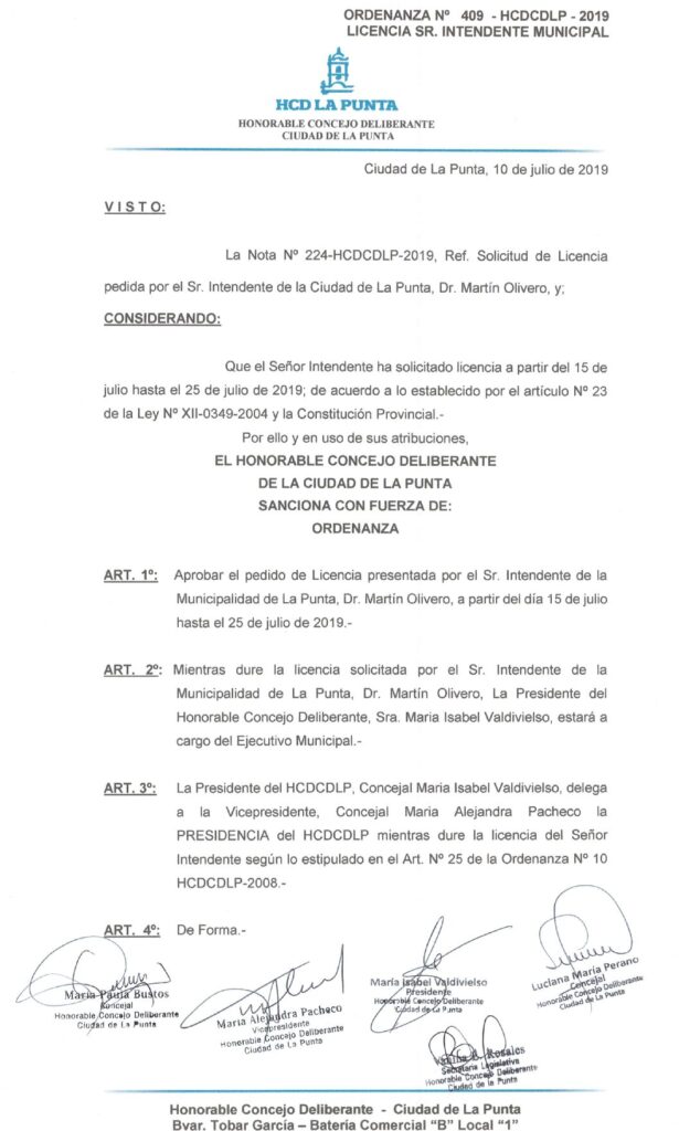 thumbnail of ORDENANZA N°409 -NO VIGENTE-HCDCDLP-2019- LICENCIA DEL SR. INTENDENTE MUNICIPAL