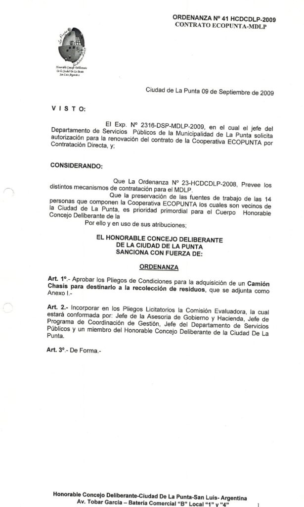 thumbnail of ORDENANZA N°41-NO VIGENTE-HCDCDLP-2009- CONTRATO ECOPUNTA-MDLP.