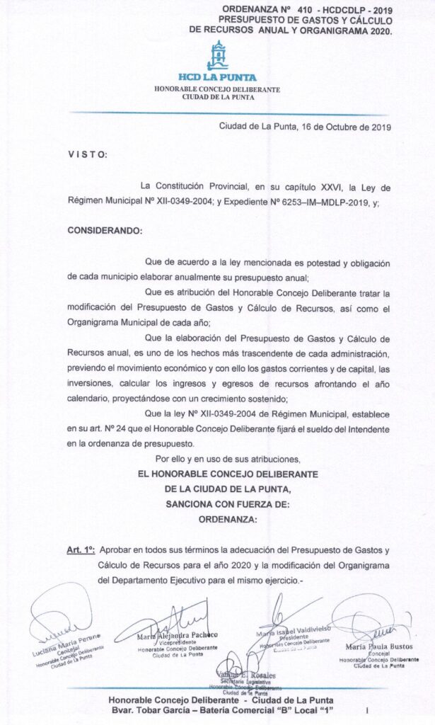 thumbnail of ORDENANZA N°410-NO VIGENTE-HCDCDLP-2019- PRESUPUESTO DE GASTOS Y CALCULO DE RECURSOS ANUAL Y ORGANIGRAMA 2020