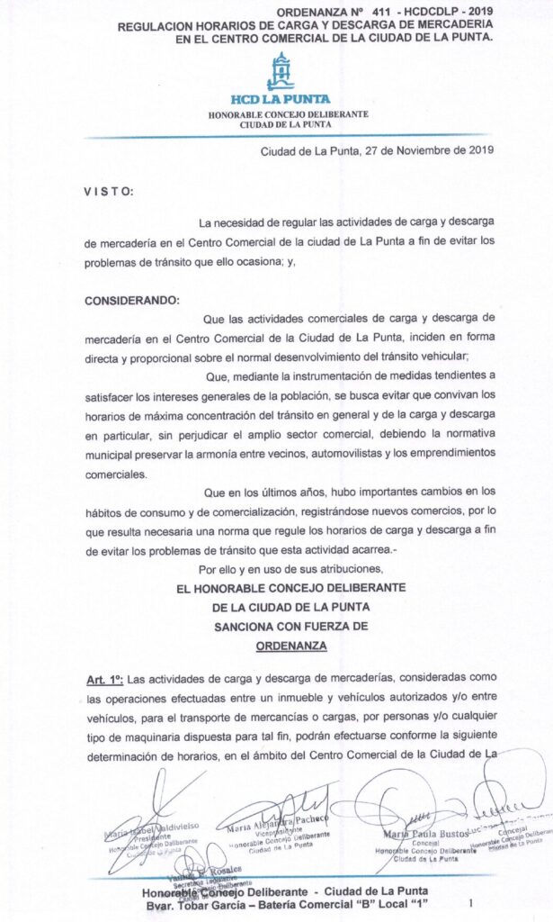 thumbnail of ORDENANZA N°411 – VIGENTE-HCDCDLP-2019-REGULACION DE CARGA Y DESCARGA DE MERCADERIA EN EL CENTRO COMERCIAL DE LA CIUDAD DE LA PUNTA