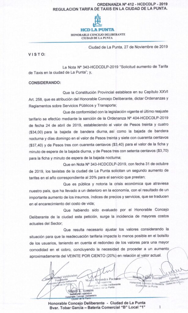 thumbnail of ORDENANZA N°412 -NO VIGENTE-HCDCDLP-2019-REGULACION TARIFA DE TAXIS EN LA CIUDAD DE LA PUNTA