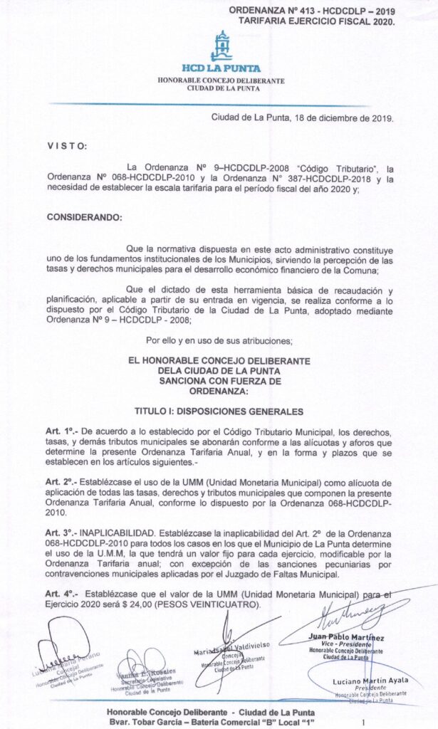 thumbnail of ORDENANZA N°413- NO VIGENTE-HCDCDLP-2019- TARIFARIA EJERCICIO FISCAL 2020