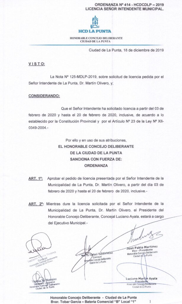 thumbnail of ORDENANZA N°414 -NO VIGENTE-HCDCDLP-2019-LICENCIA DEL SR. INTENDENTE MUNICIPAL
