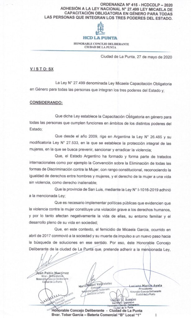 thumbnail of ORDENANZA N°415- VIGENTE-HCDCDLP-2020- ADHESION A LA LEY NACIONAL N°27.499 LEY MICAELA DE CAPACITACION OBLIGATORIA EN GENERO PARA TODAS ÑAS PERSONAS