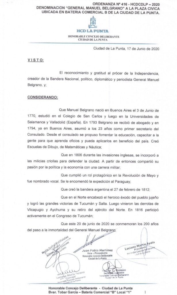 thumbnail of ORDENANZA N°416 -VIGENTE-HCDCDLP-2020-DENOMINACION GRAL.MANUEL BELGRANO A LA PLAZA CIVICA UBICADA EN LA BATERIA COMERCIAL B DE LA CIUDAD DE LA PUNTA